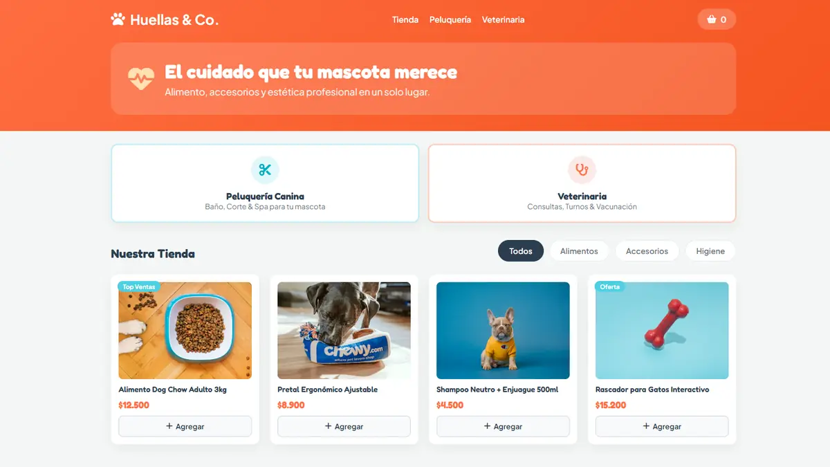 Modelo de página para pet shop: Huellas & Co.